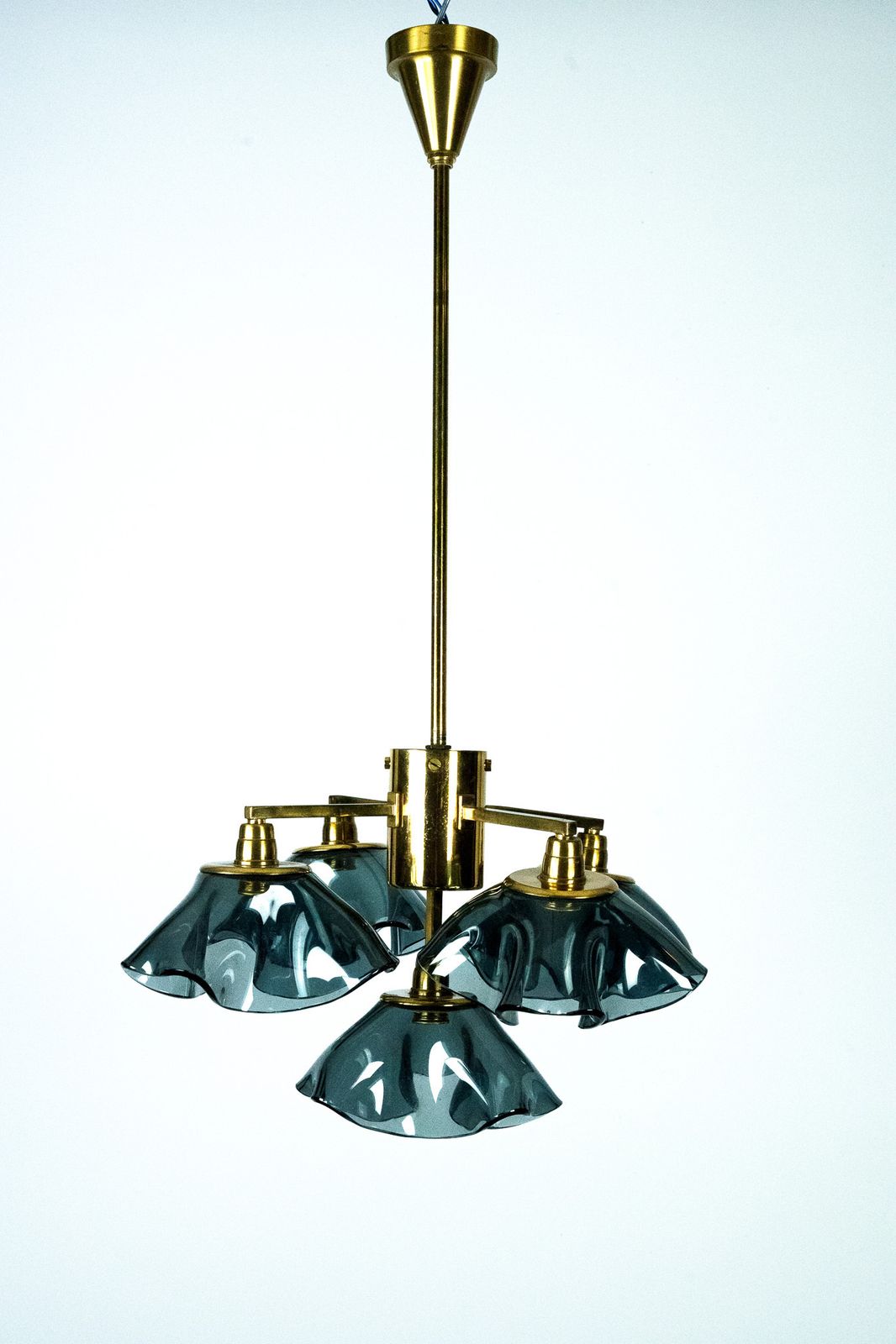 photo for sale Italian Five Arm Chandelier In Smoked Vistosi Glass And Brass, 1970s