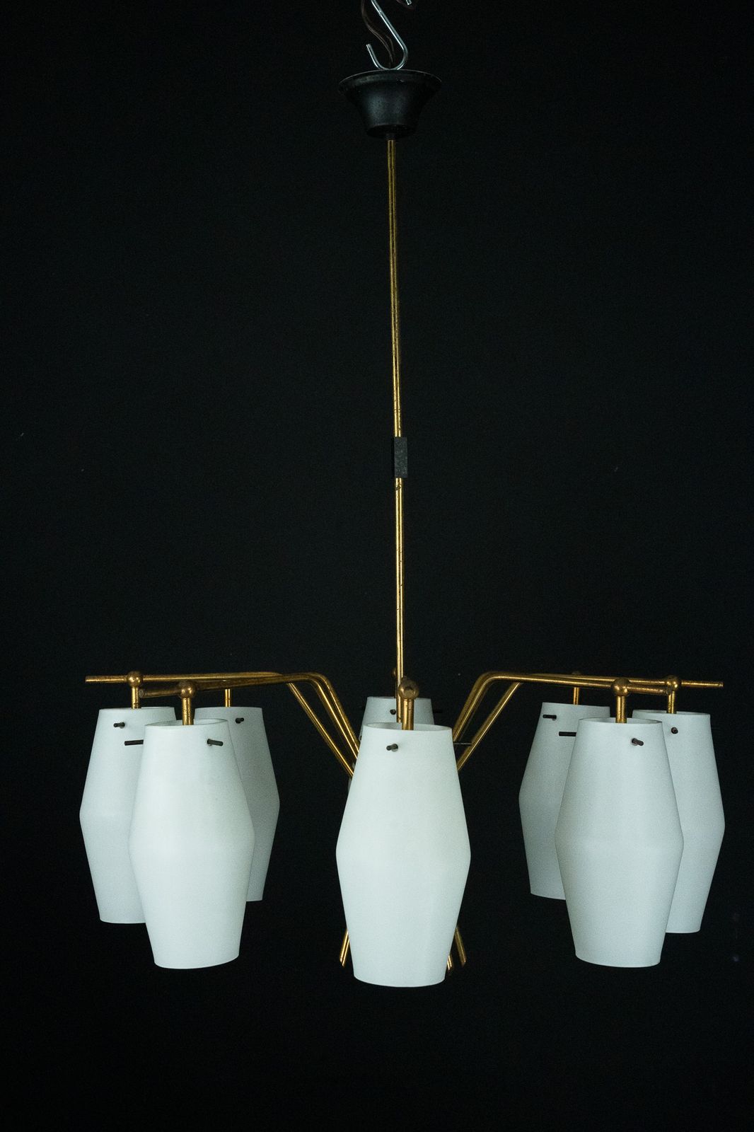 photo furniture Mid Century Chandelier With Eight Opaline Glass Shades In Stilnovo Manner. Italy 1950s