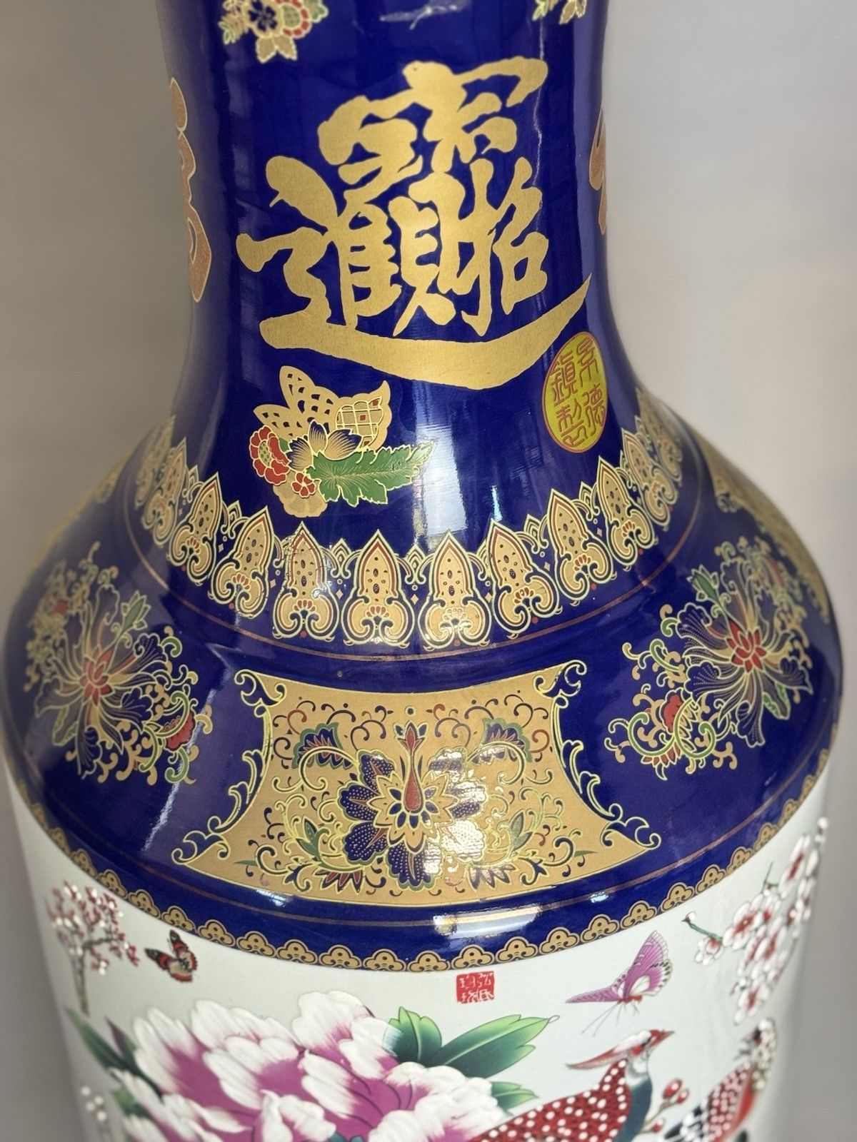 Majestic Pair Of Large Chinese Cobalt Blue & Gold Porcelain Floor Vases photo for sale