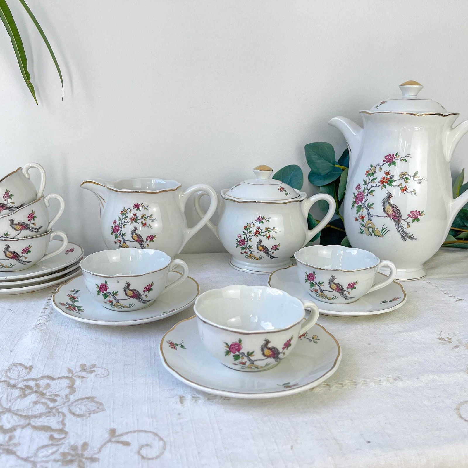 Vintage Digoin Sarreguemines Tea Set – Rope Model – Bird Of Paradise Motif – Antique Retro Earthenware Tableware
