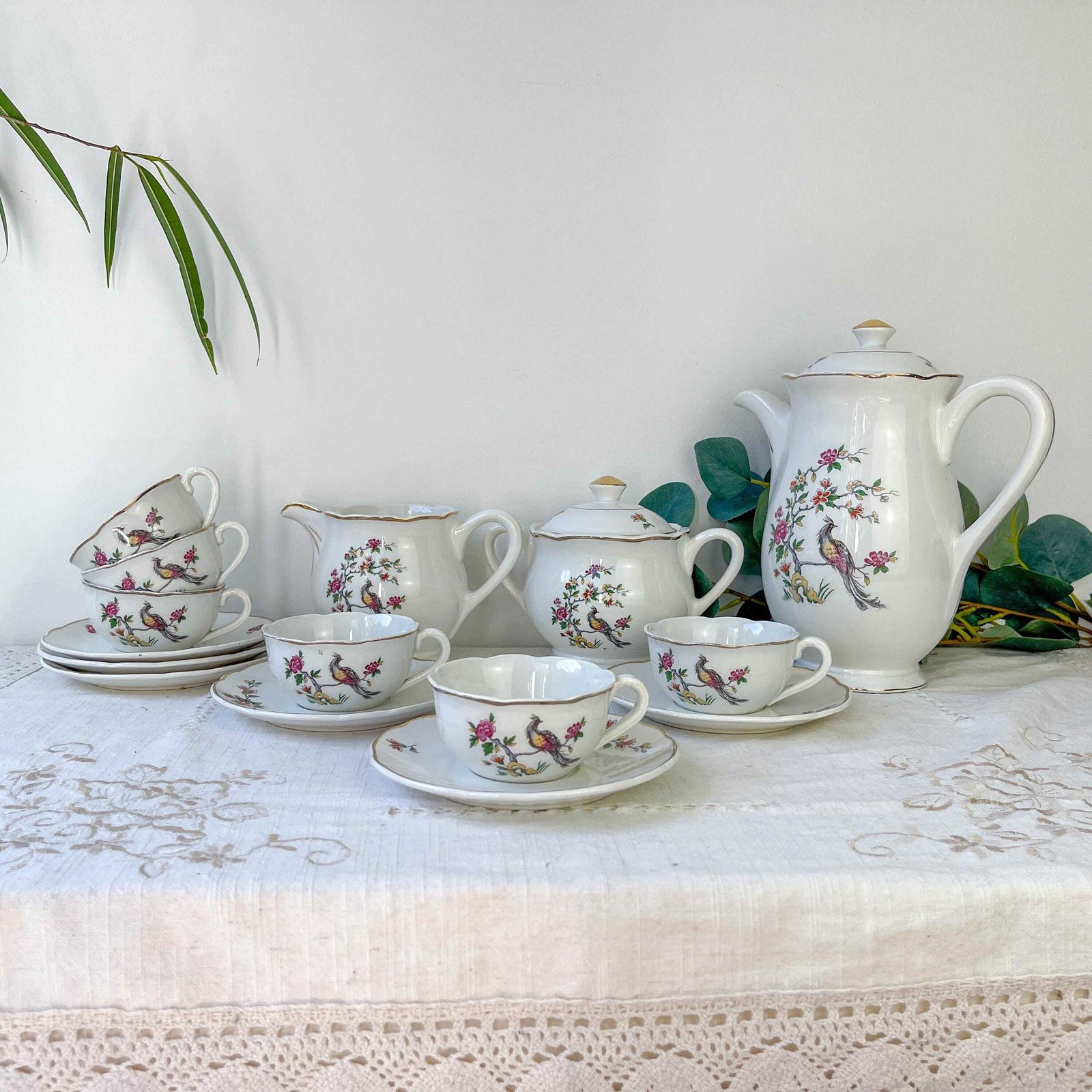 Vintage Digoin Sarreguemines Tea Set – Rope Model – Bird Of Paradise Motif – Antique Retro Earthenware Tableware photo furniture