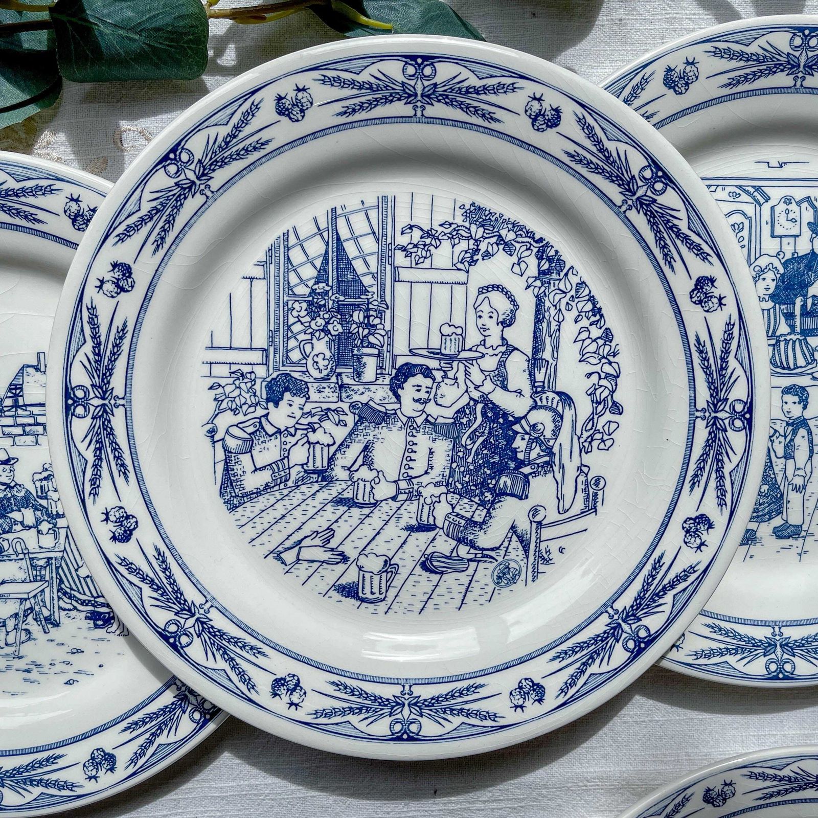 Set Of 7 Antique Gien Earthenware Dinner Plates   Ball Scene   Alsatian Village Festival   Decoration photo 114.0