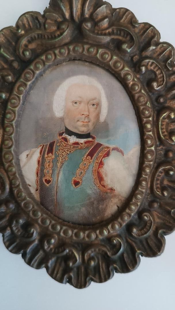 Miniature Oil Painting Noble Portrait 18th Century Italy Silver Frame photo vinterior