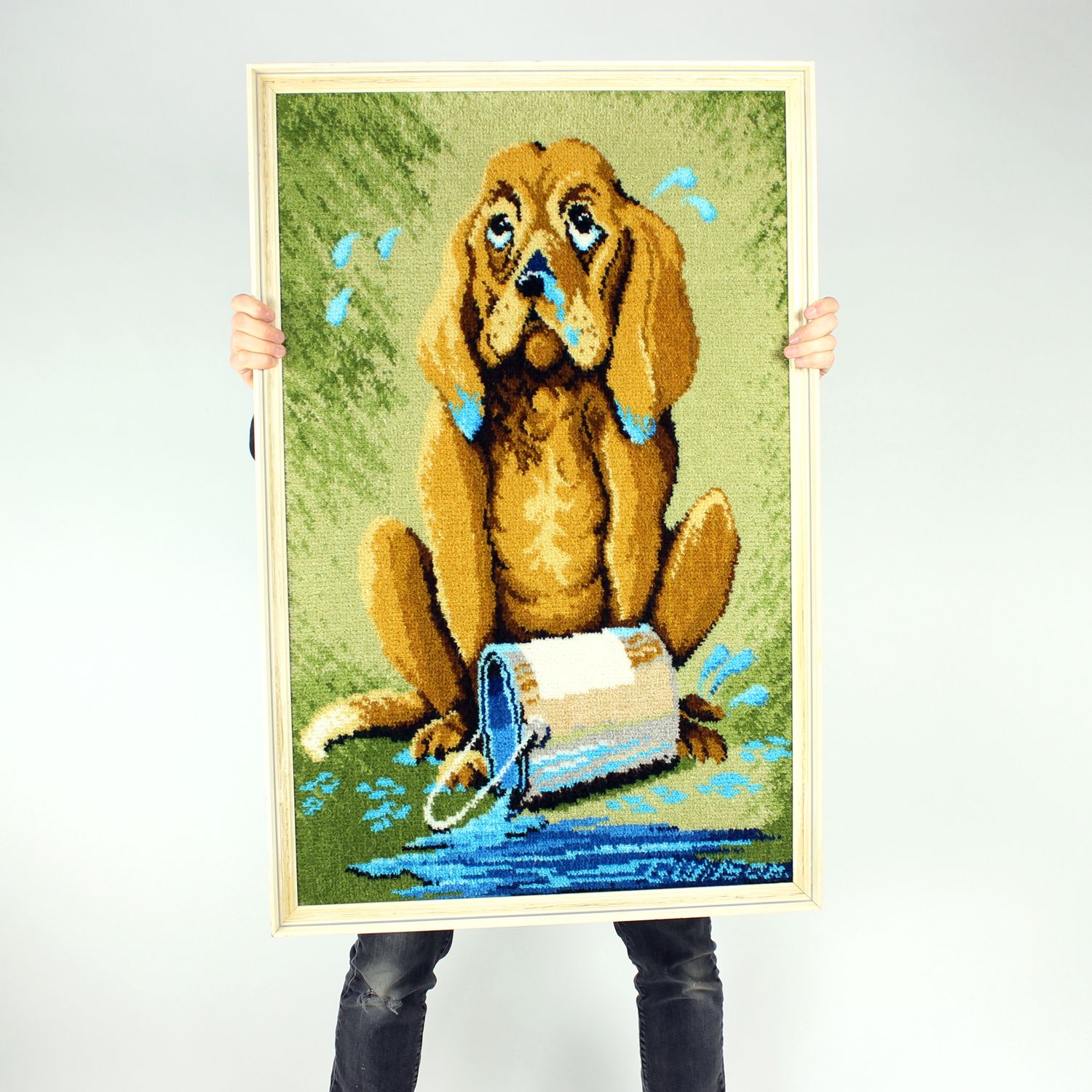 Large Vintage Tapestry Of Cartoon Dog In Frame, Czechoslovakia 1970s