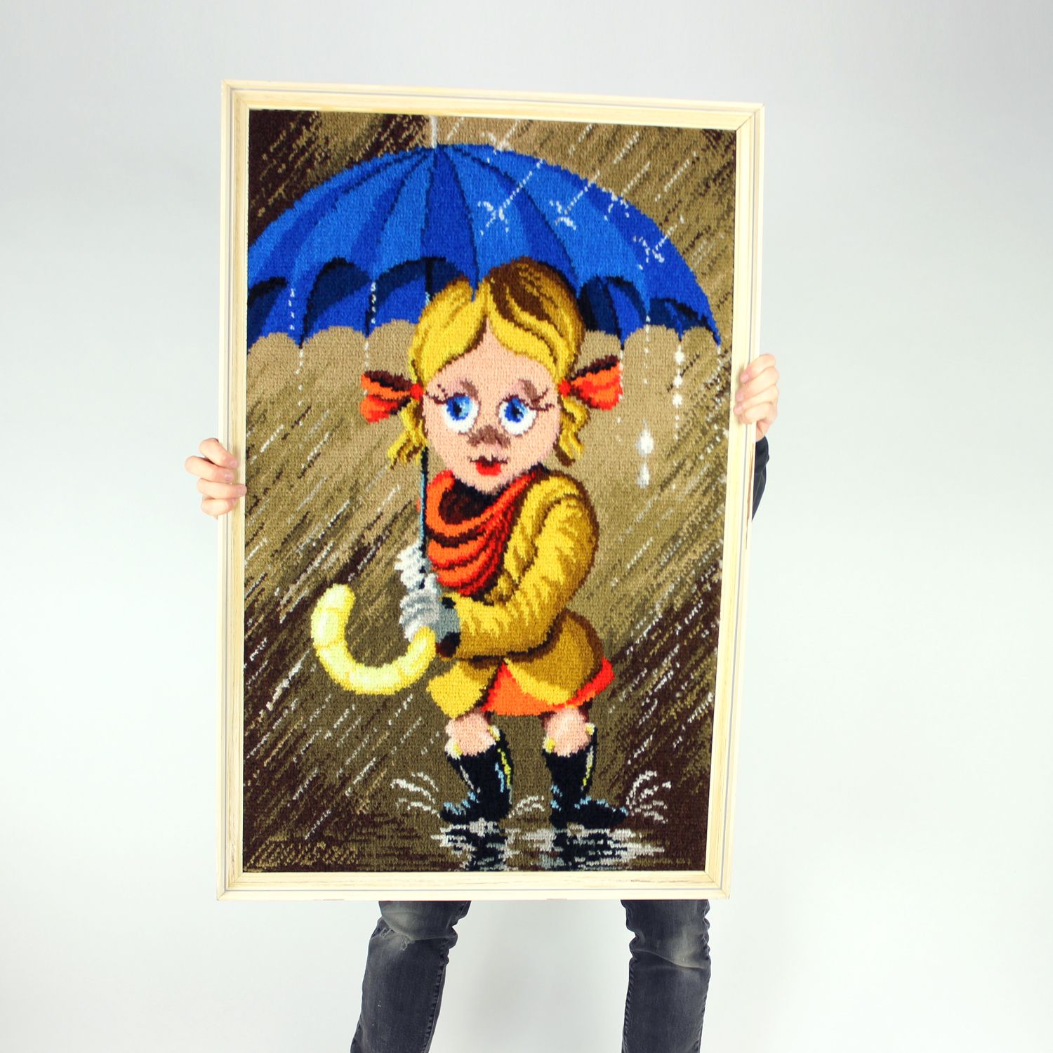 Large Vintage Tapestry Of Cartoon Girl In Frame, Czechoslovakia 1970s photo Art