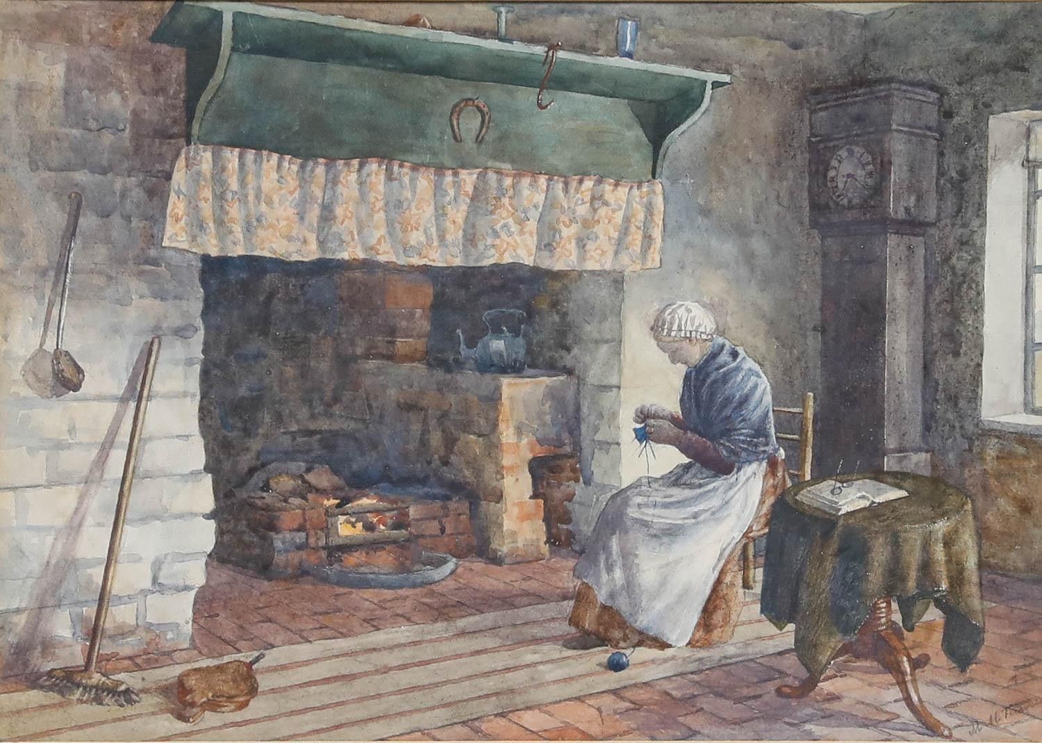 Maud Mary Turner (1862 1947) Watercolour, Knitting By The Fireside photo furniture