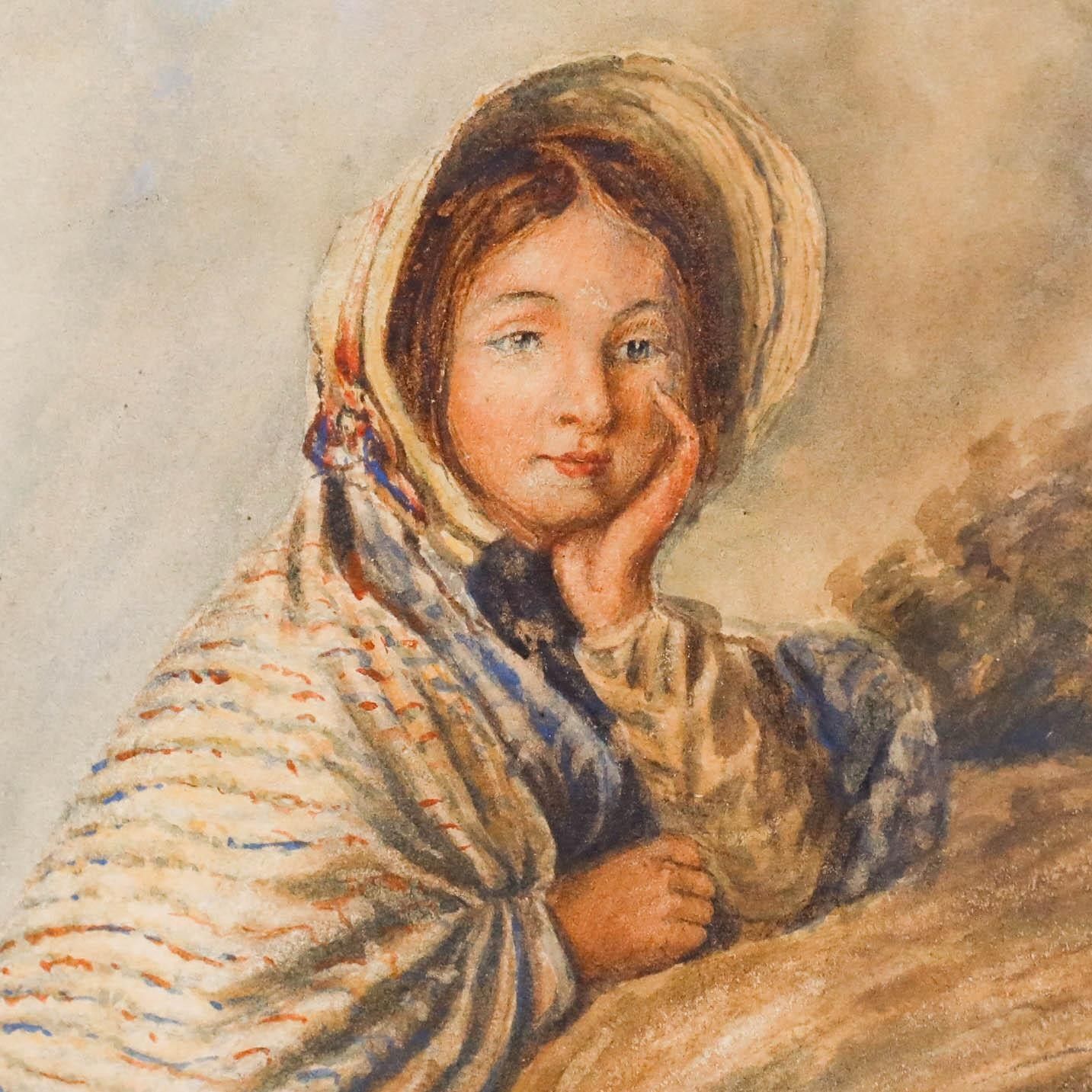 Manner Of William H Hunt (1827 1910) Watercolour, Girl Leaning On A Rock photo Art