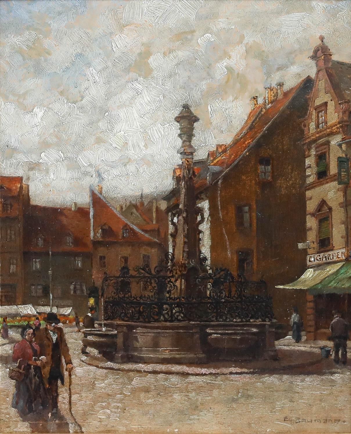 Egon Baumann Framed Early 20th Century Oil, St. Johanner Markt photo furniture