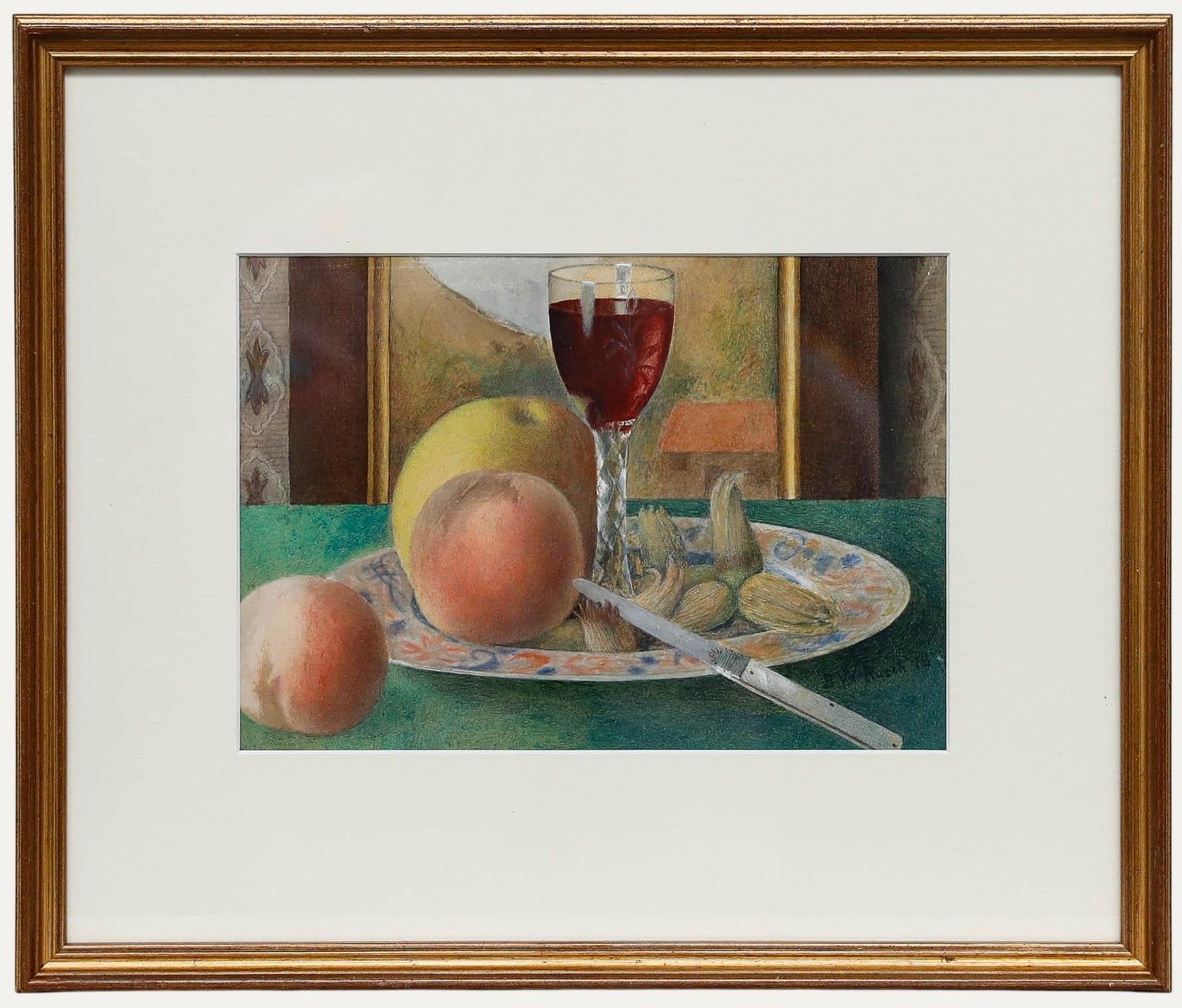 B.W. Rusch Framed 1878 Watercolour, Still Life With Wine And Fruit