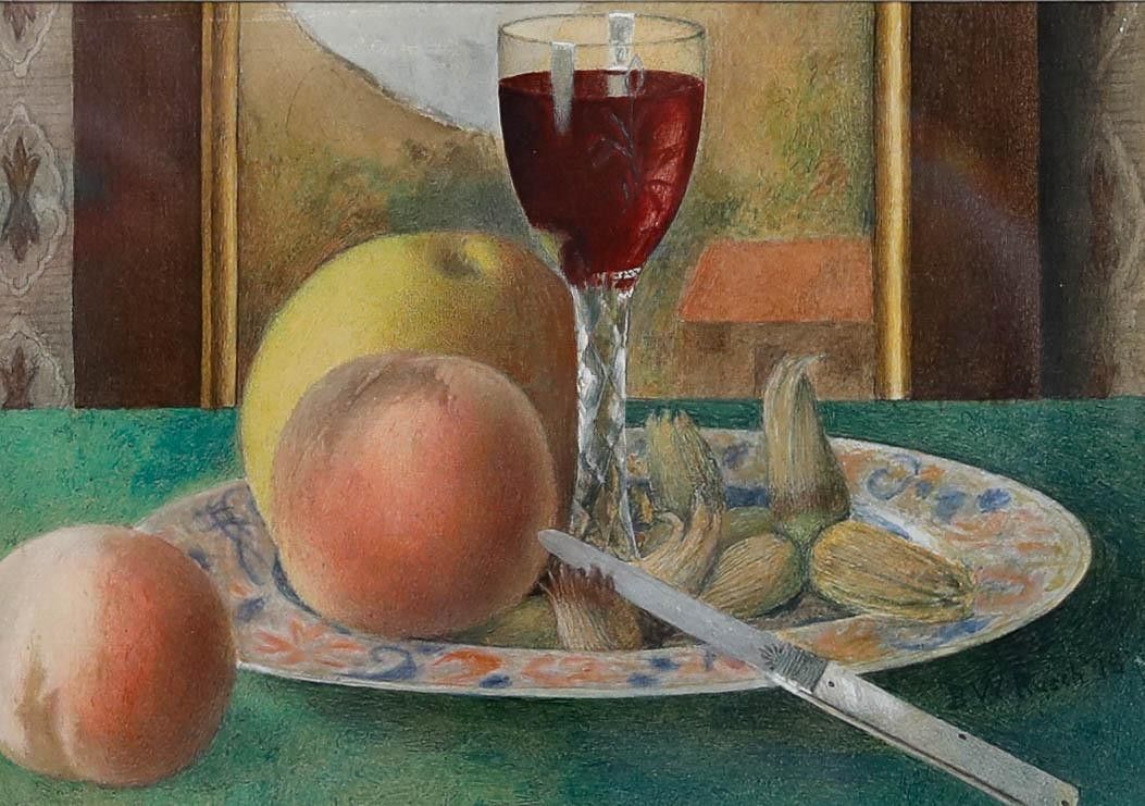 B.W. Rusch Framed 1878 Watercolour, Still Life With Wine And Fruit photo furniture