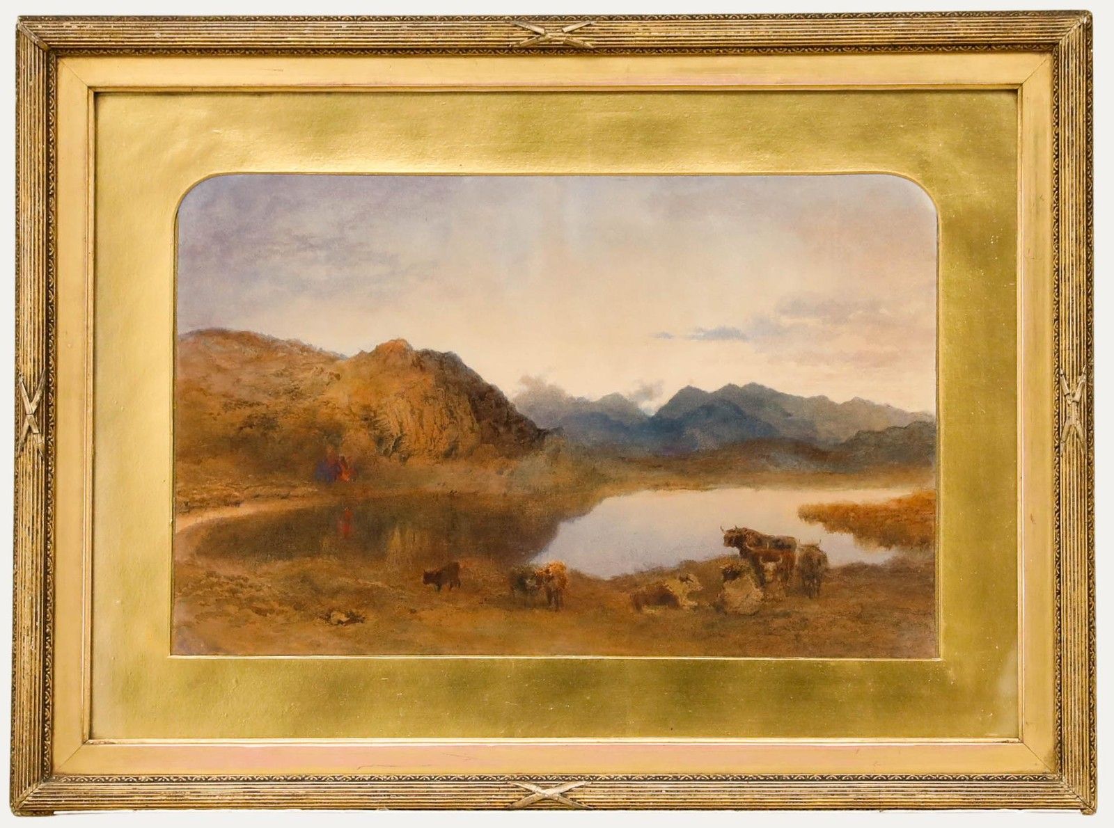 Framed 19th Century Watercolour Cattle In A Mountain Landscape