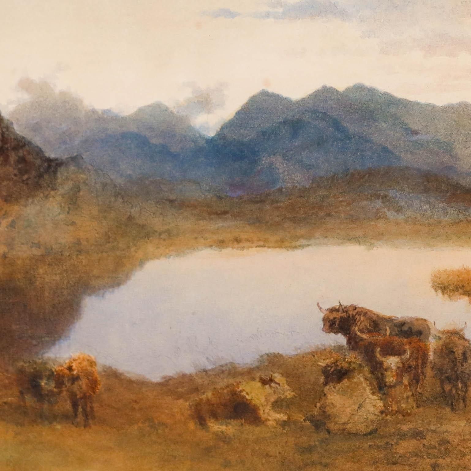 Framed 19th Century Watercolour Cattle In A Mountain Landscape photo Art