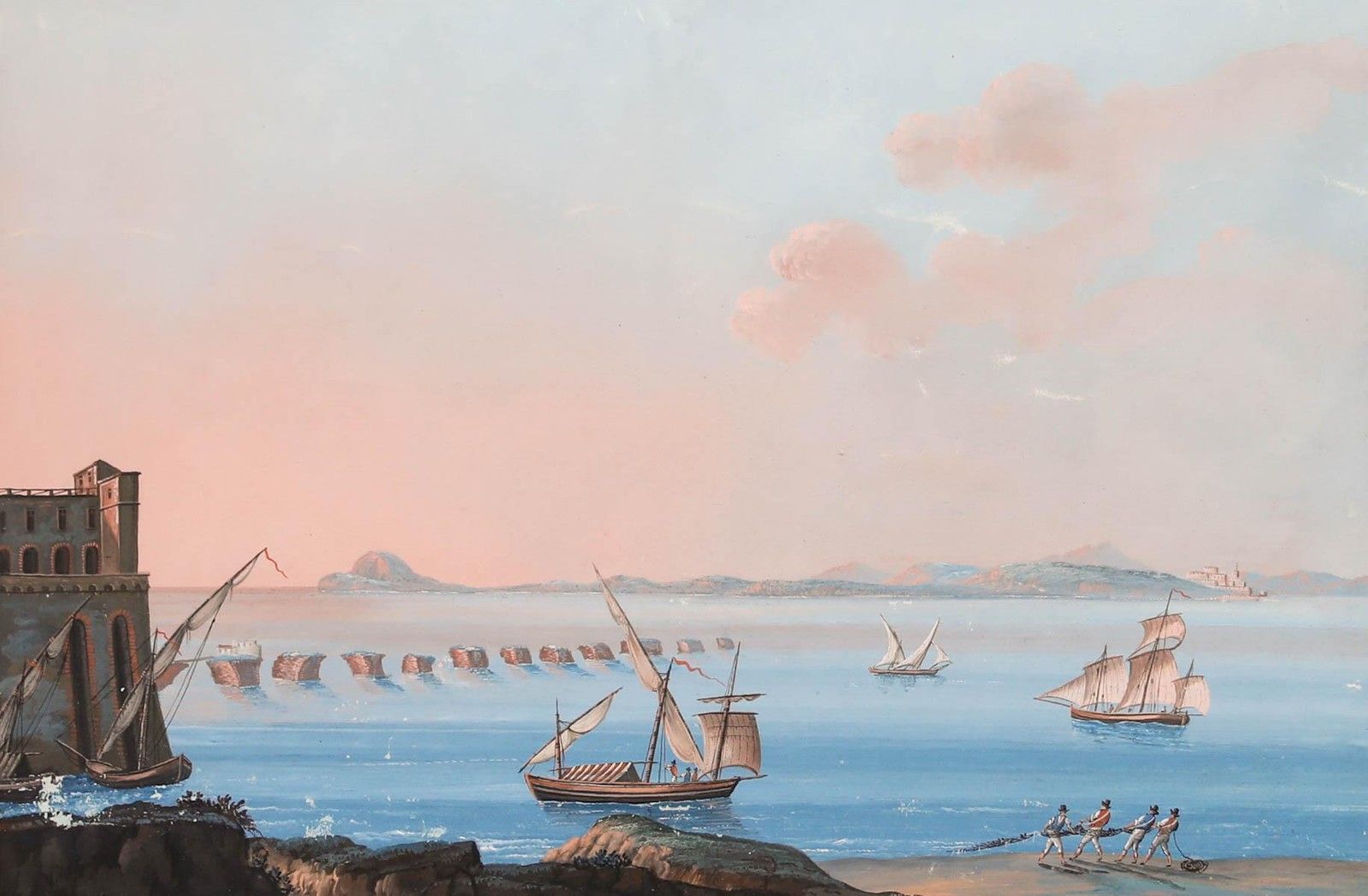 Neapolitan School 19th Century Gouache Gulf Of Pozzuoli & Ponte Di Calligola photo furniture