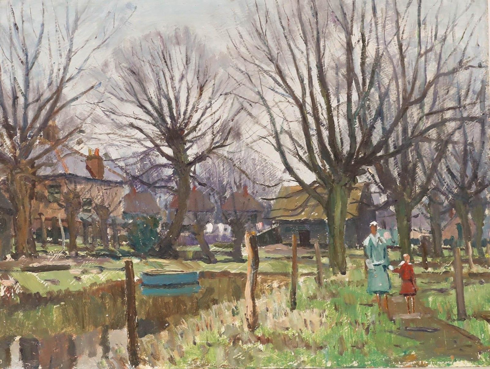 Derek Arthur Ede (1922 1983) Mid 20th Century Oil, A Walk Along The Canal photo furniture