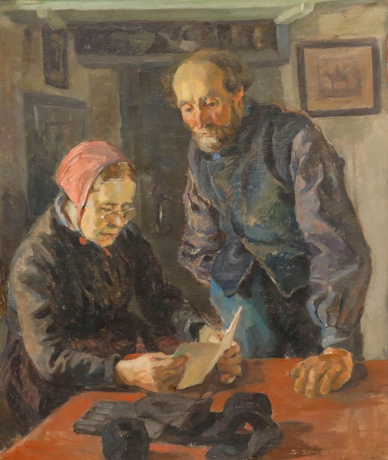 S. Sorensen 20th Century Oil, Couple Reading A Letter photo furniture