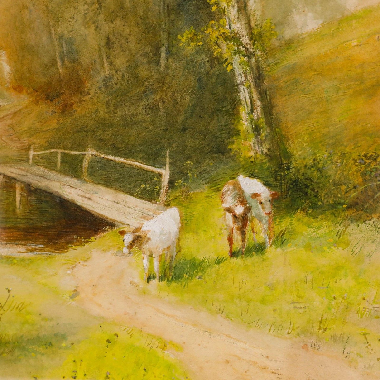Frederick Hines (Fl.1875 1928) Framed Watercolour, Cattle Beside A Footbridge photo Art