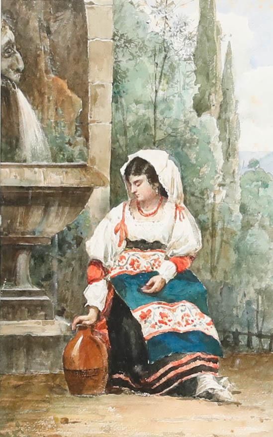 Framed 19th Century Watercolour Girl By The Fountain photo furniture