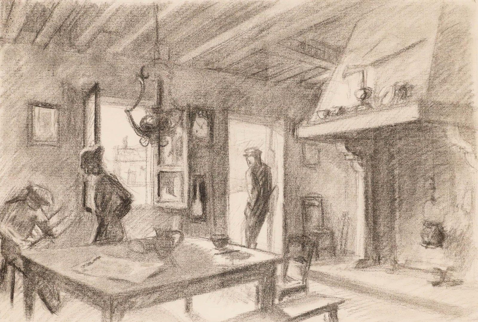 Pierre Neveu (B.1929) Mid 20th Century Charcoal Drawing, Interior Scene photo furniture