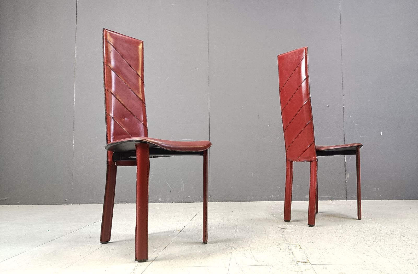 Set Of 6 Italian Dark Red Leather Dining Chairs, 1980s photo vintage