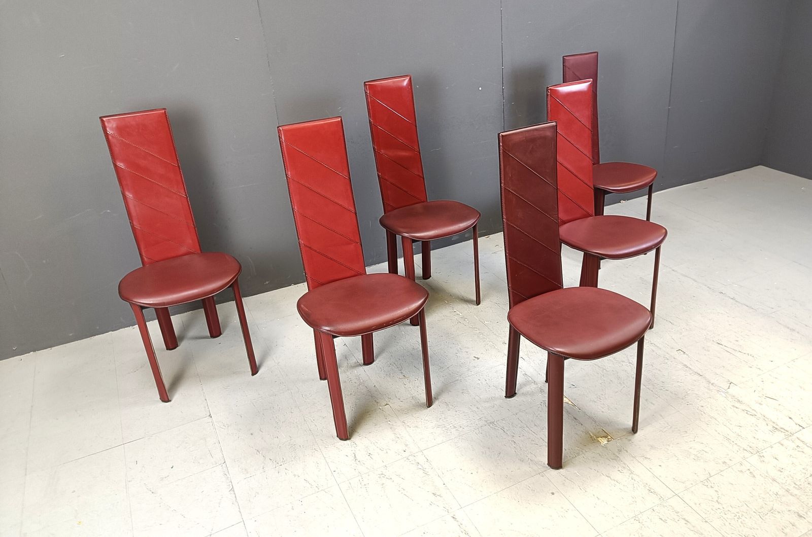 Furniture Set Of 6 Italian Dark Red Leather Dining Chairs, 1980s photo
