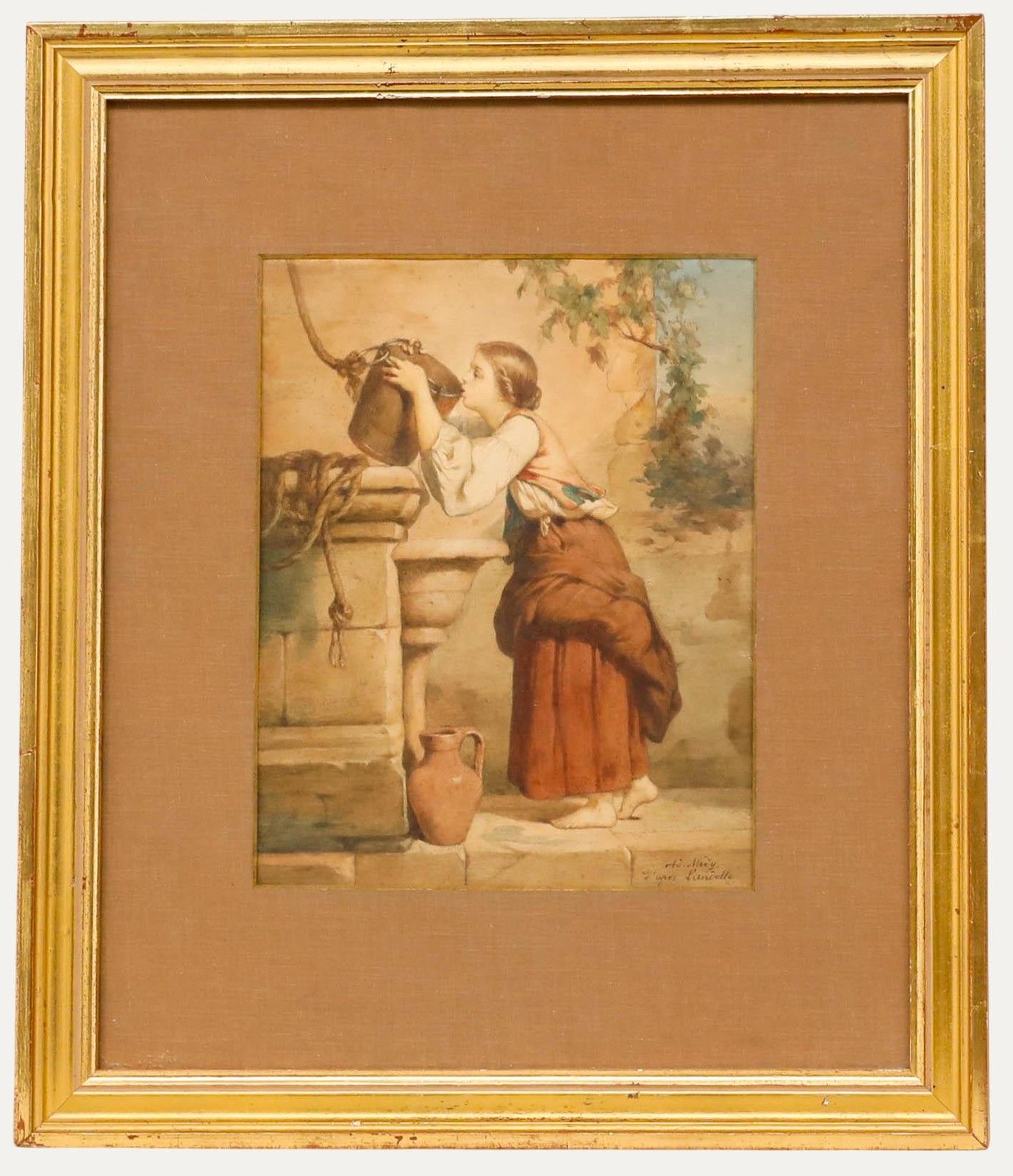 Theophile Adolphe Midy (B.1821) Late 19th Century Watercolour Girl Drinking