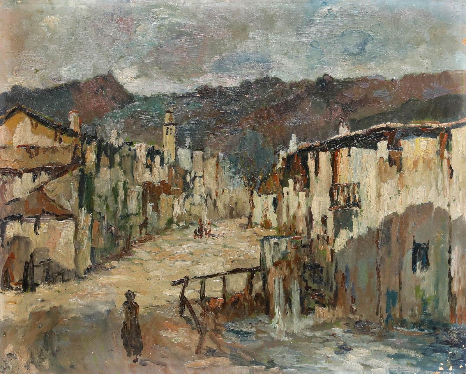 Early 20th Century Oil An Overcast Street photo furniture