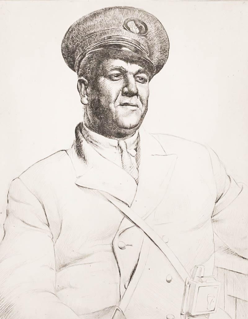 Robert Ball (1918 2008) 1936 Etching, Mr Everitt, Birmingham Tram Conductor photo furniture