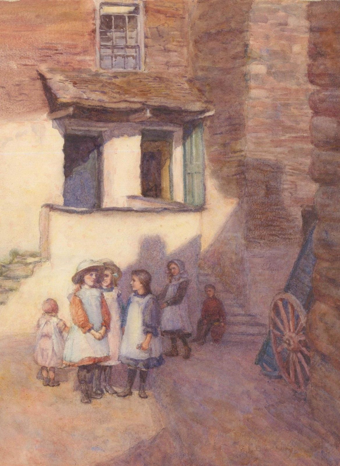F. L. Bradbury 20th Century Watercolour, The Village Children photo furniture