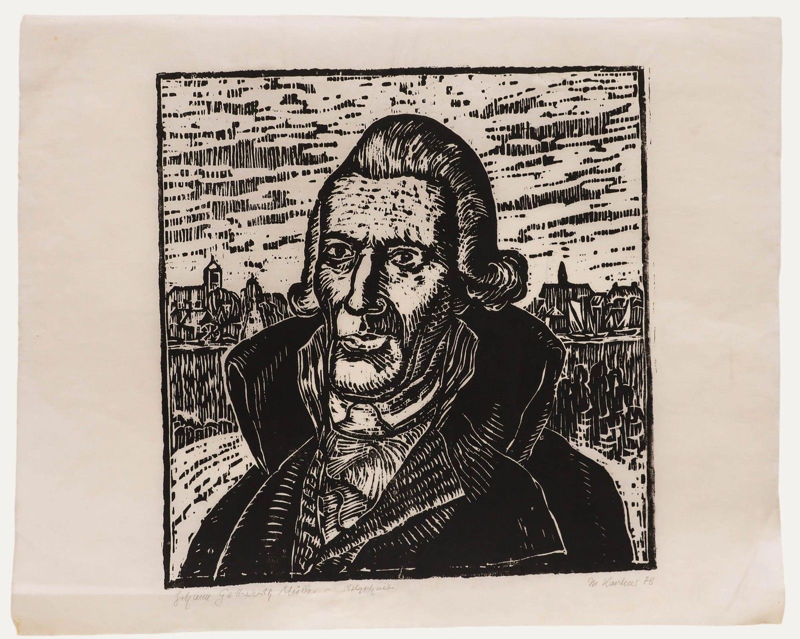 M. Karstens 20th Century Woodcut, Portrait Of Johann Gottwerth Muller