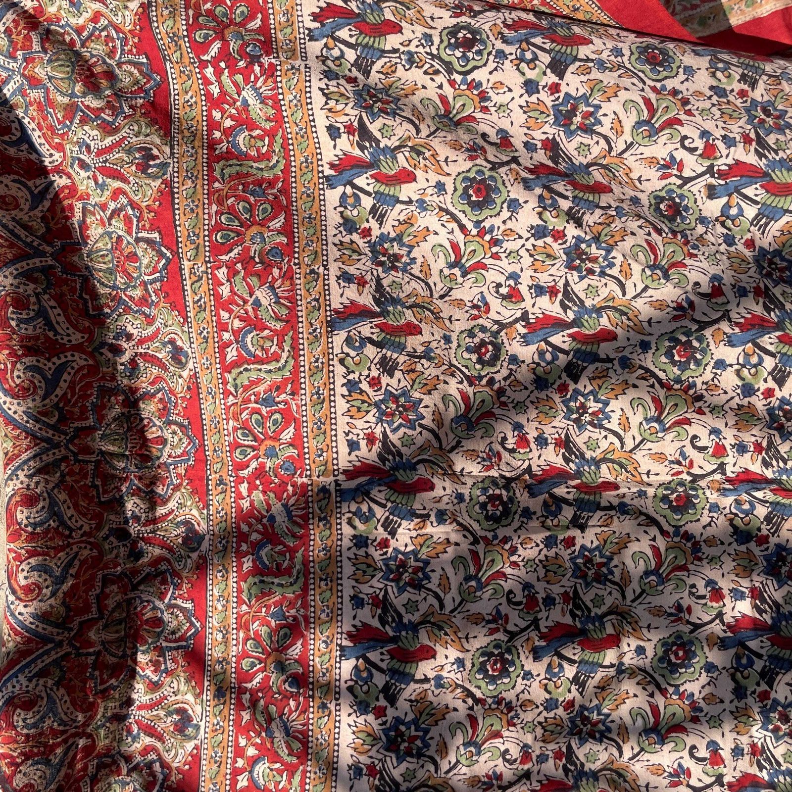 Hand Printed Indian Fabric 215x170cm Pattern Block Beige Blue Red Tapestry Cotton Handmade Craft Round Making Traditional Cloth India photo buy