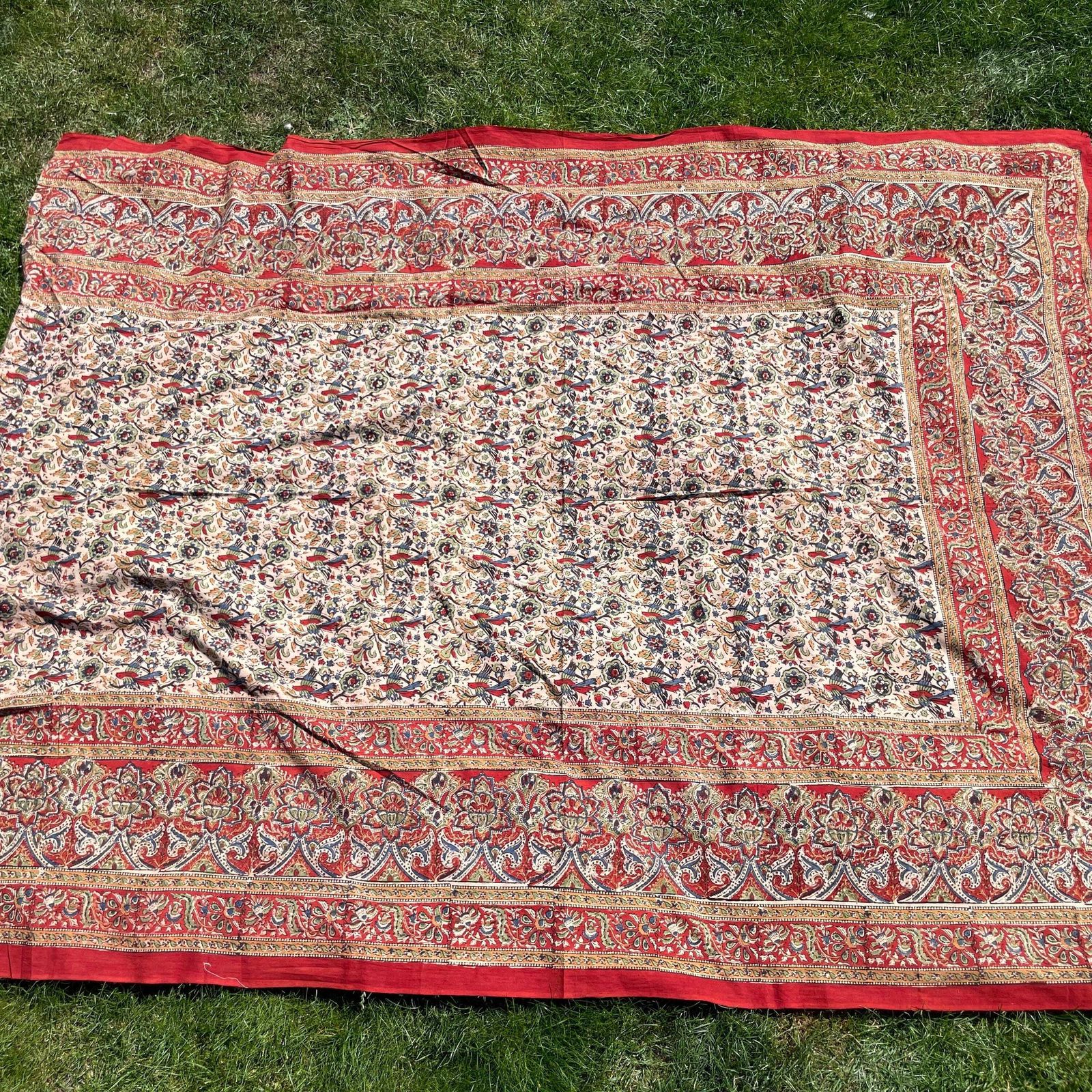 Hand Printed Indian Fabric 215x170cm Pattern Block Beige Blue Red Tapestry Cotton Handmade Craft Round Making Traditional Cloth India photo vintage