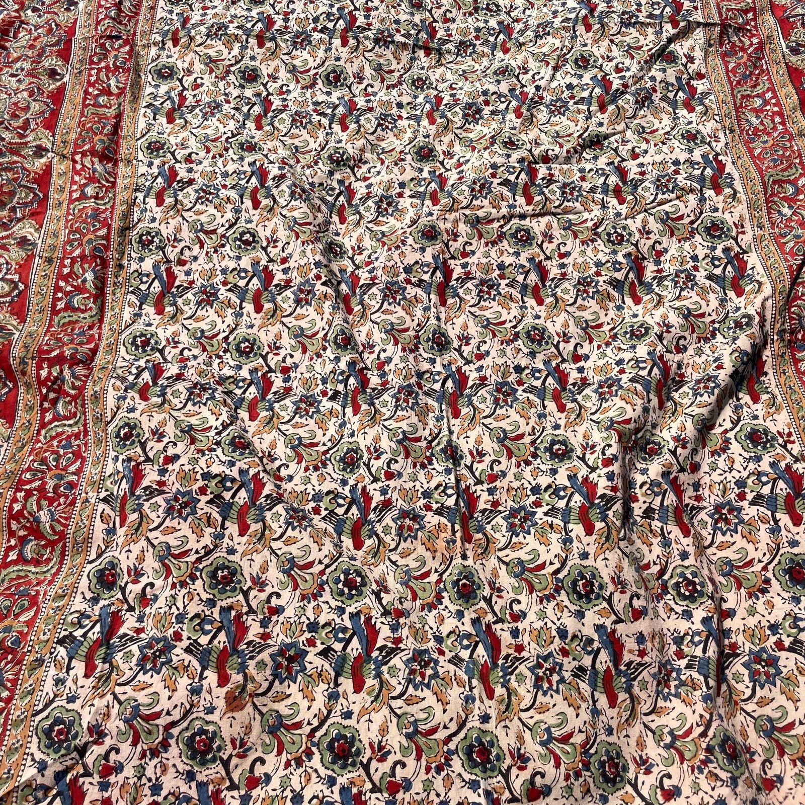 photo for sale Hand Printed Indian Fabric 215x170cm Pattern Block Beige Blue Red Tapestry Cotton Handmade Craft Round Making Traditional Cloth India