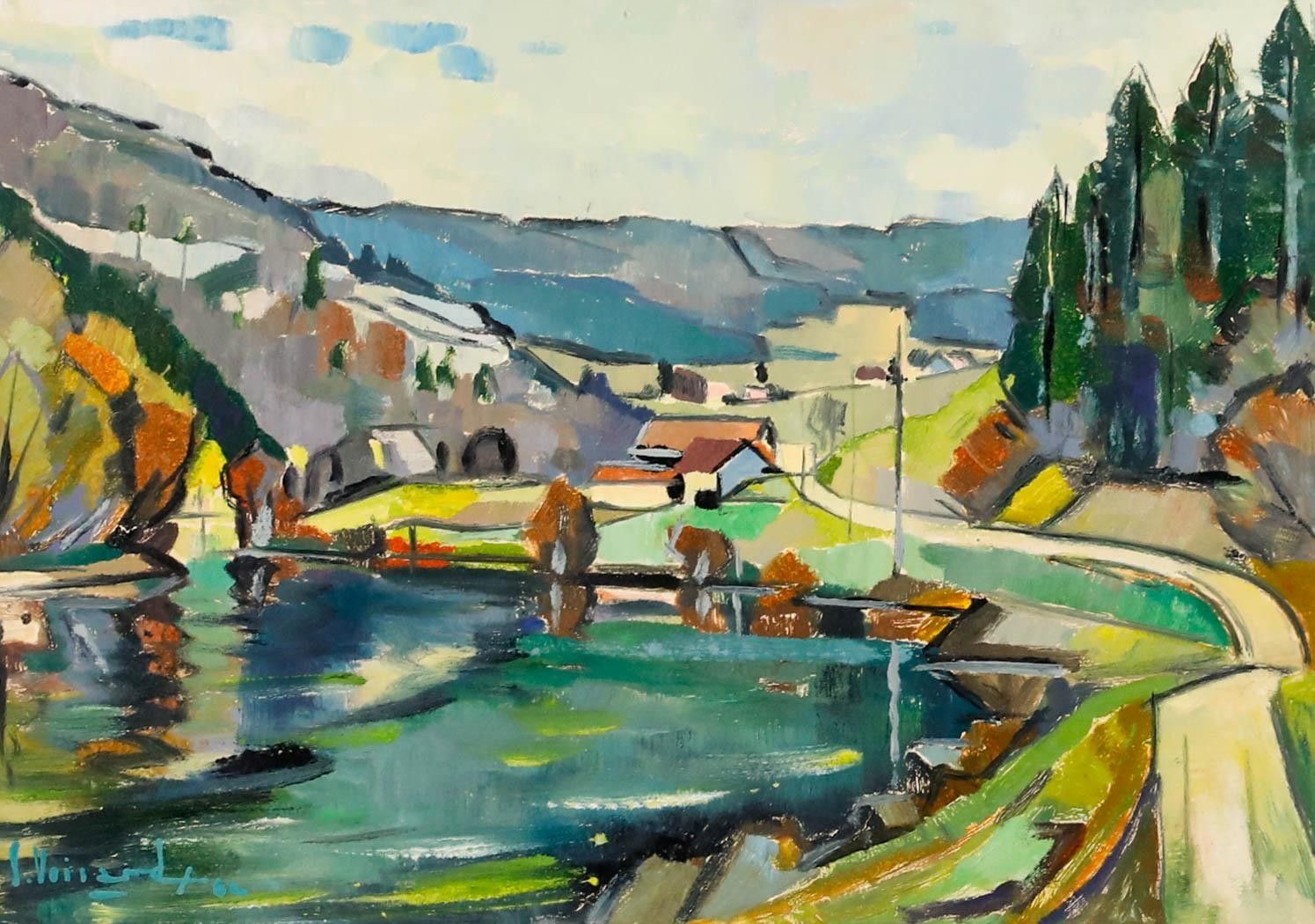 Serge Voisard (1913 1996) 1962 Oil, Lakeside Path photo furniture