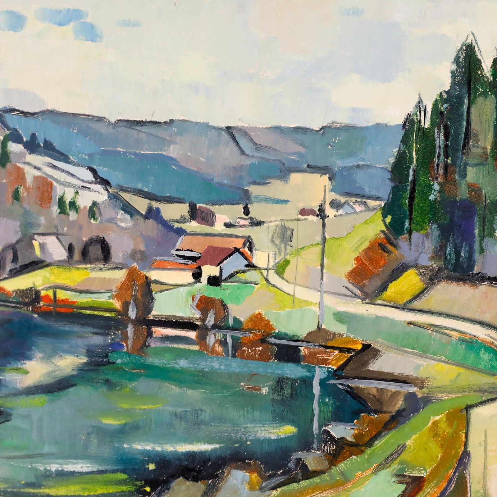 Serge Voisard (1913 1996) 1962 Oil, Lakeside Path photo Art