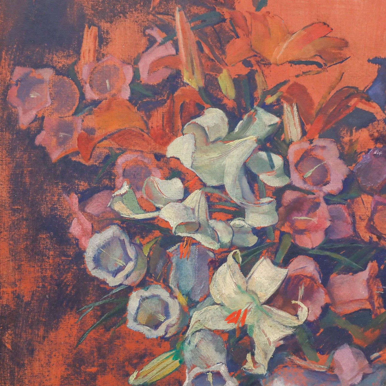 Mid 20th Century Oil Lilies In Porcelain Vase photo Art