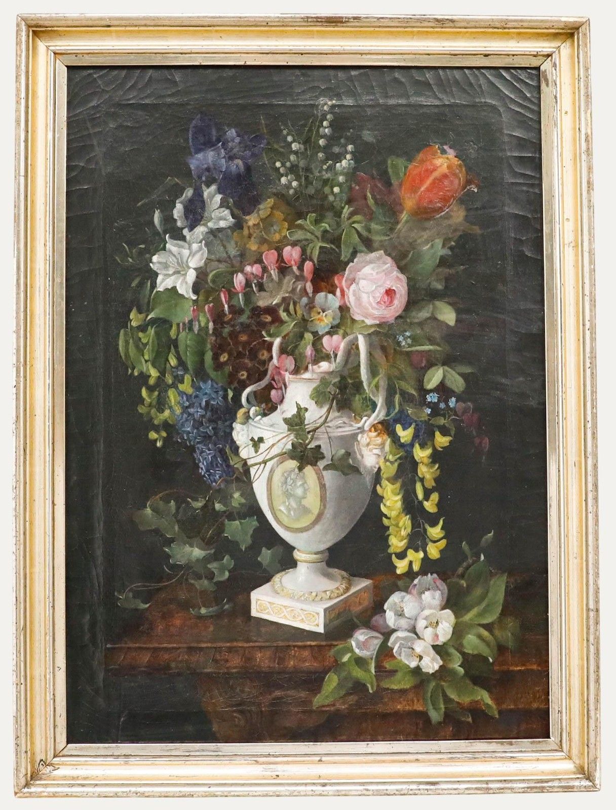Framed 19th Century Oil Bouquet Of Flowers In A Porcelain Vase