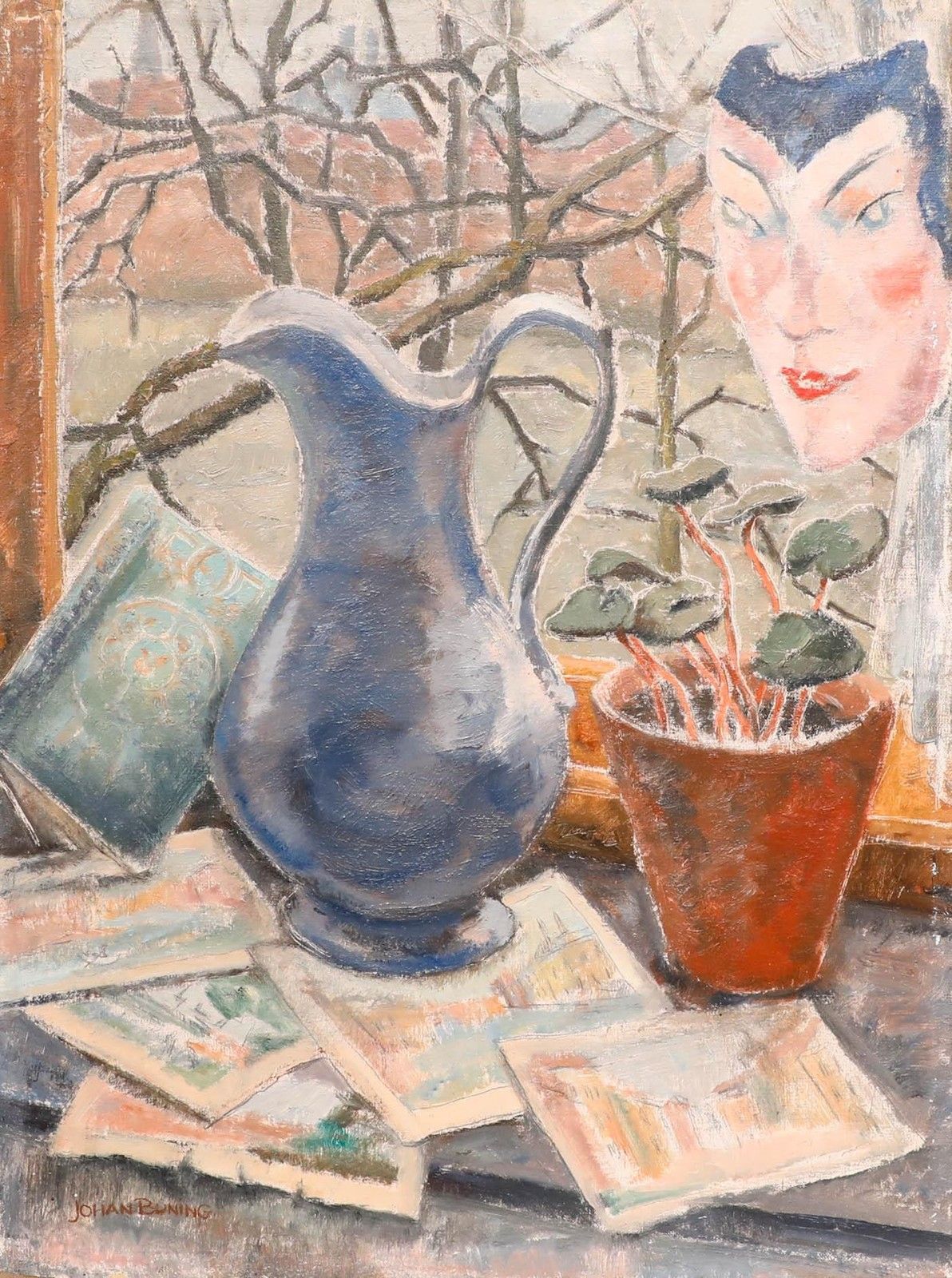 Johan Buning (1893 1963) Mid 20th Century Oil, Still Life With Venetian Mask photo furniture