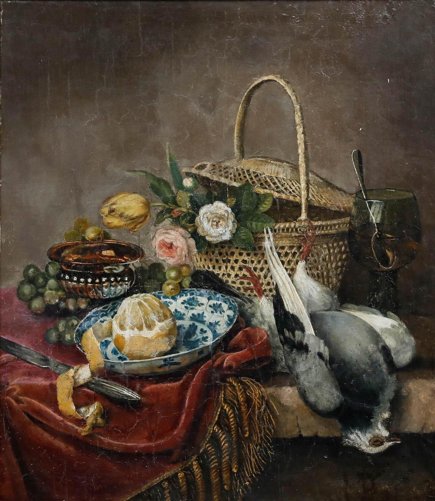 Framed 19th Century Oil Flowers, Lemon, And Pigeon photo furniture