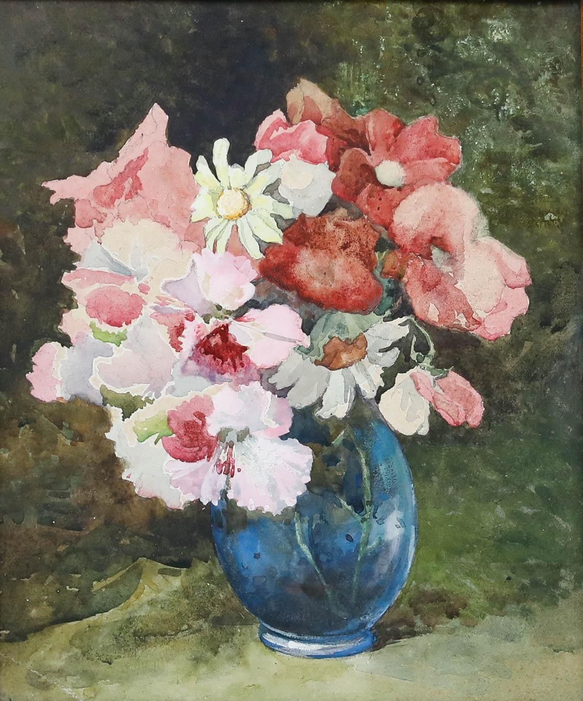 Framed Early 20th Century Watercolour Still Life Of Flowers In A Vase photo furniture