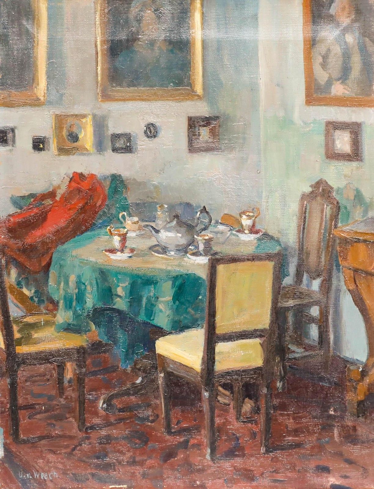 Uta Von Weech (1866 1944) Early 20th Century Oil, In The Dining Room photo furniture