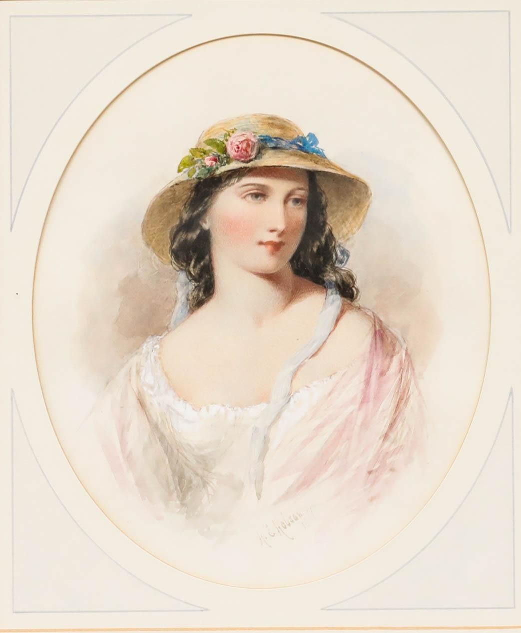 Henry E. Hobson (1820 1881) 1866 Watercolour, Portrait Of A Young Lady In Pink photo furniture