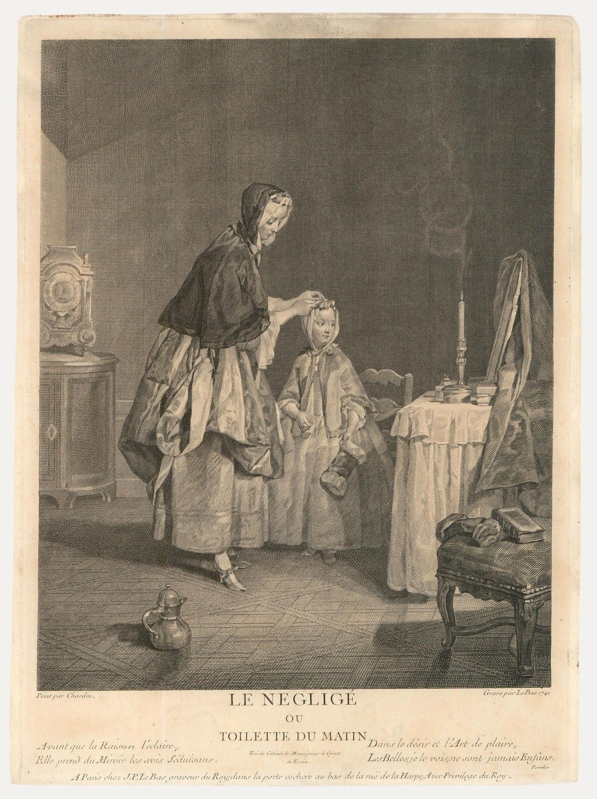 Le Bas (1707 1782) After Chardin Engraving, Le Neglige Ou Toilette Du Matin