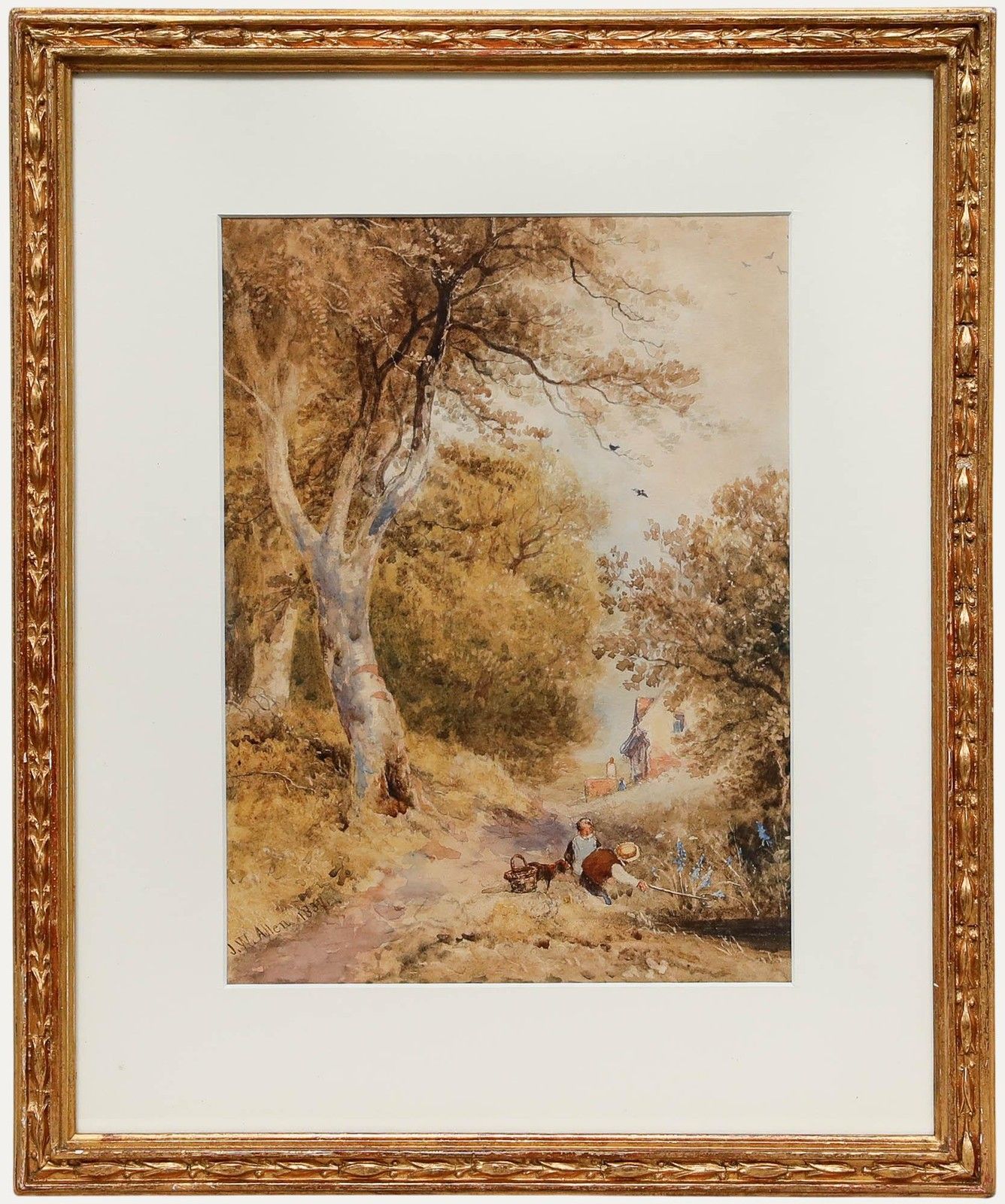 J.W. Allen (1803 1852) 1839 Watercolour, Children Playing On A Wooded Path