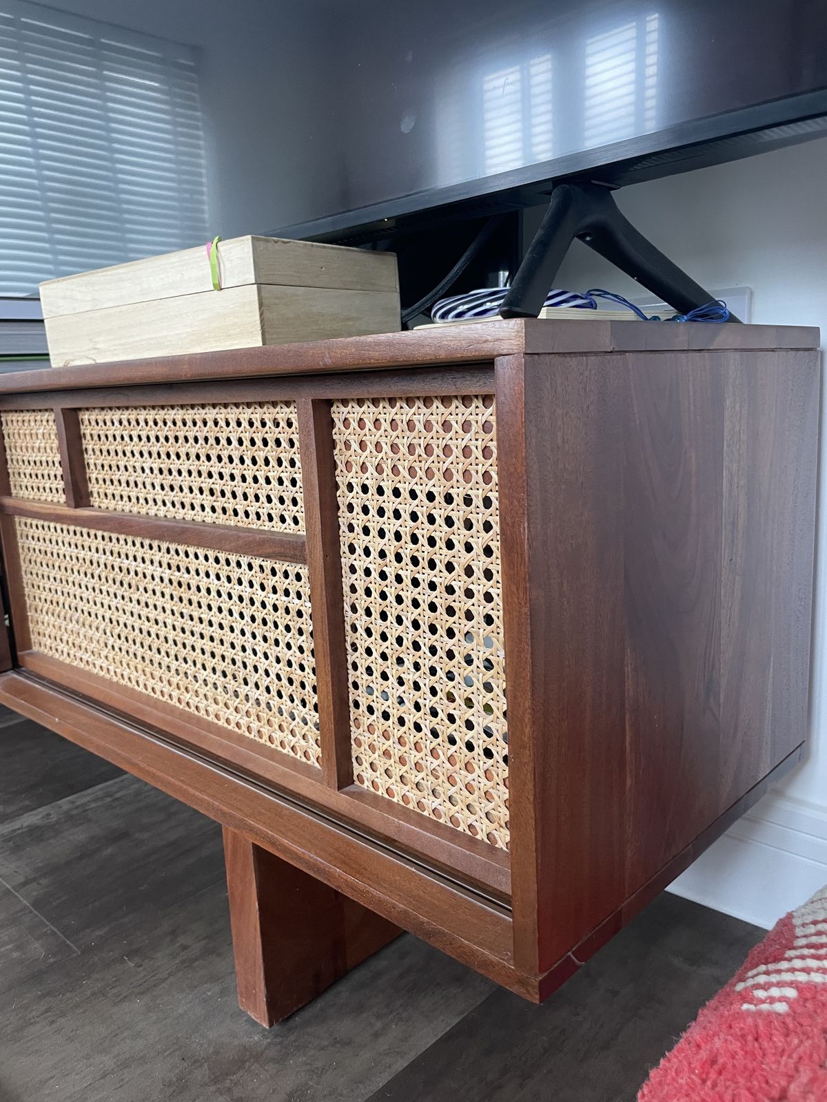 photo for sale Swoon Brand Tv Stand, Dark Brown Acacia & Natural Rattan