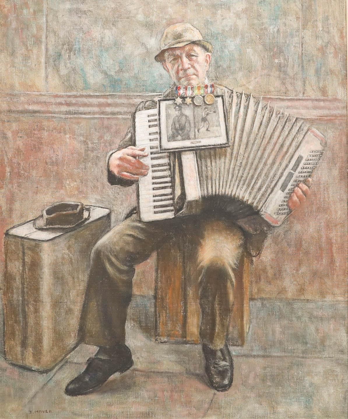 Peter J. Maver  Framed 20th Century Oil, London Busker photo furniture