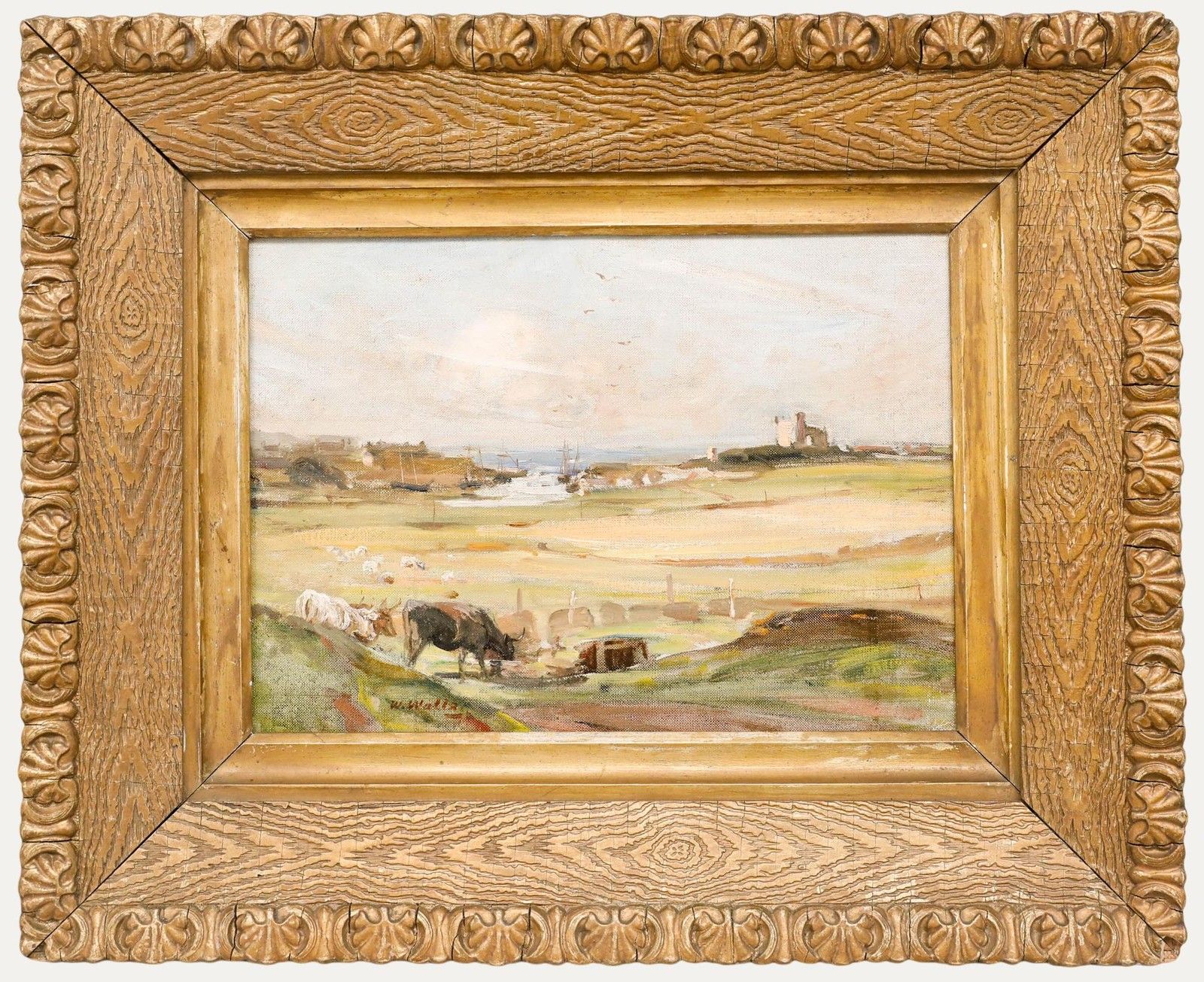 William Walls (1860 1942) Late 19th Century Oil, Cattle Grazing By The Coast