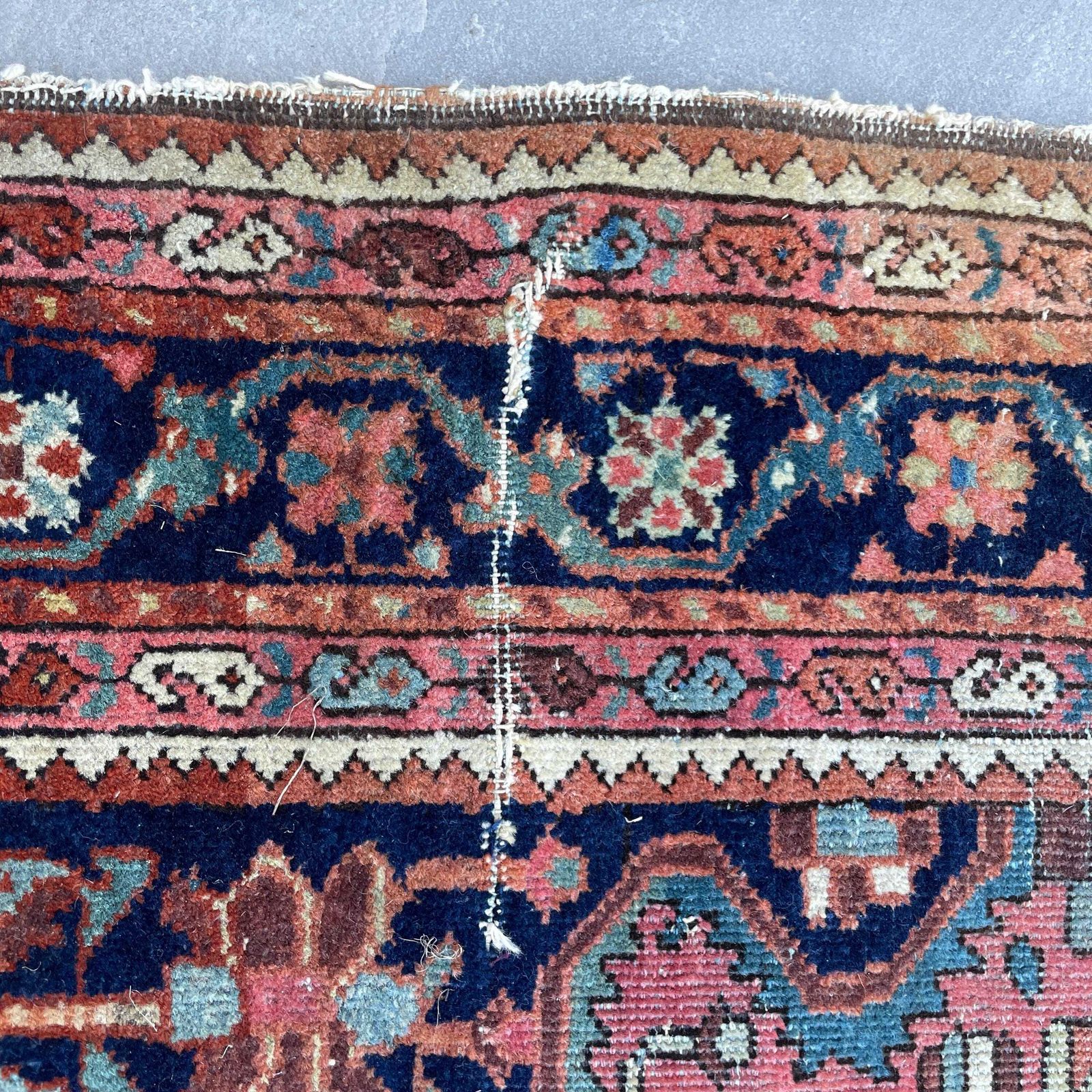 Antique Heriz Wool Rug Blue Terracotta Geometric Pattern Hand Knotted Area Carpet Middle Eastern Central Medallion Handmade Floor Decor photo Textiles