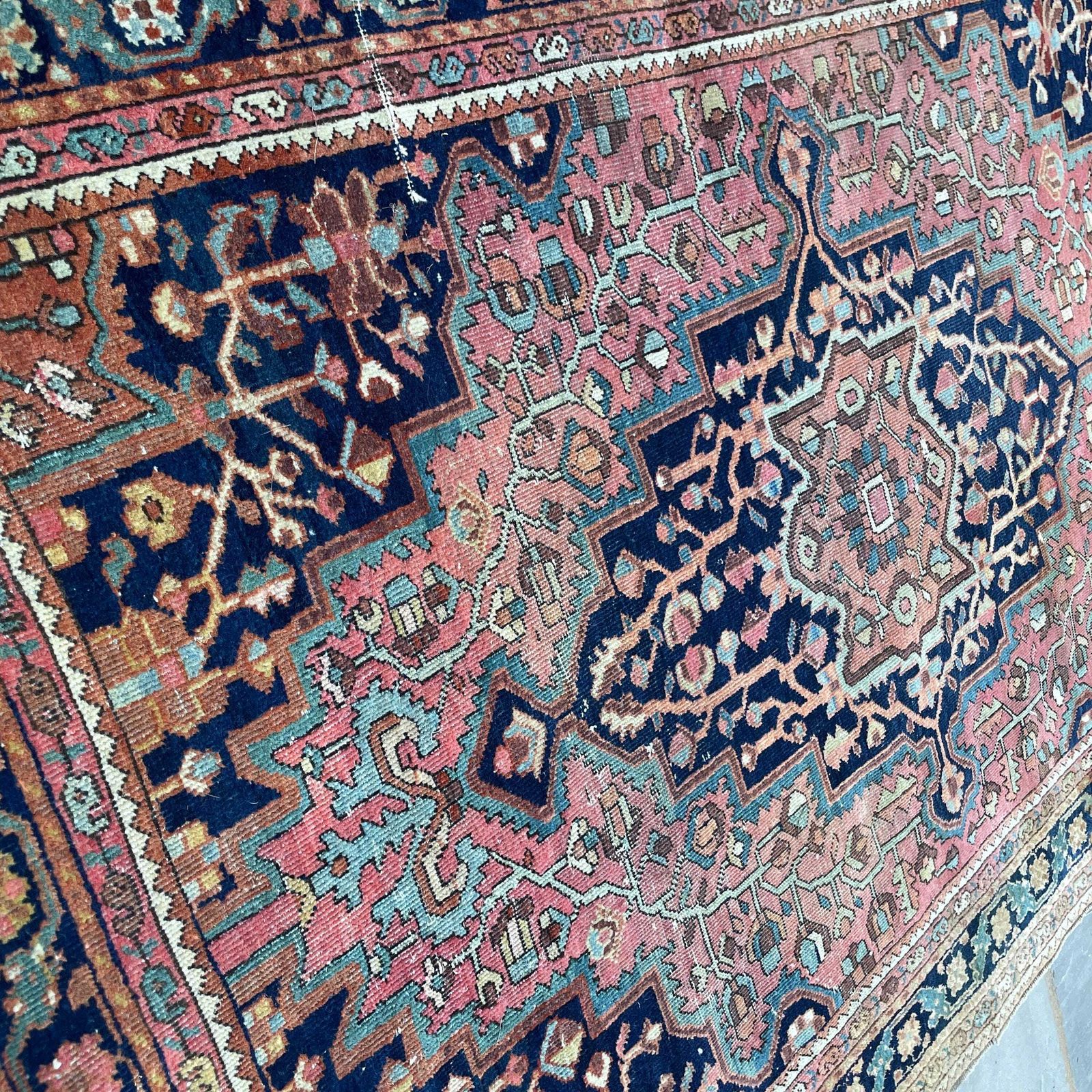Antique Heriz Wool Rug Blue Terracotta Geometric Pattern Hand Knotted Area Carpet Middle Eastern Central Medallion Handmade Floor Decor photo buy