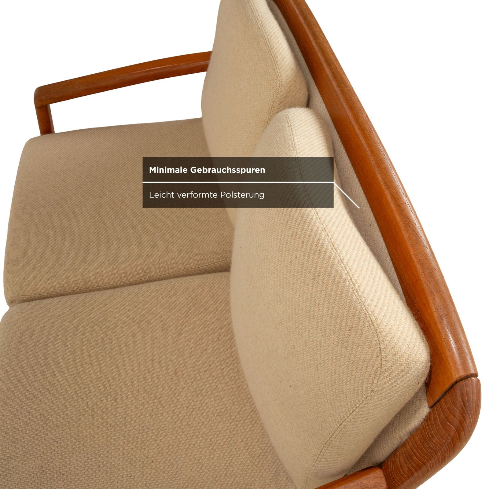 Canapé 2 places Dyrlund en bois et tissu, brun beige, mid-century photo vintage