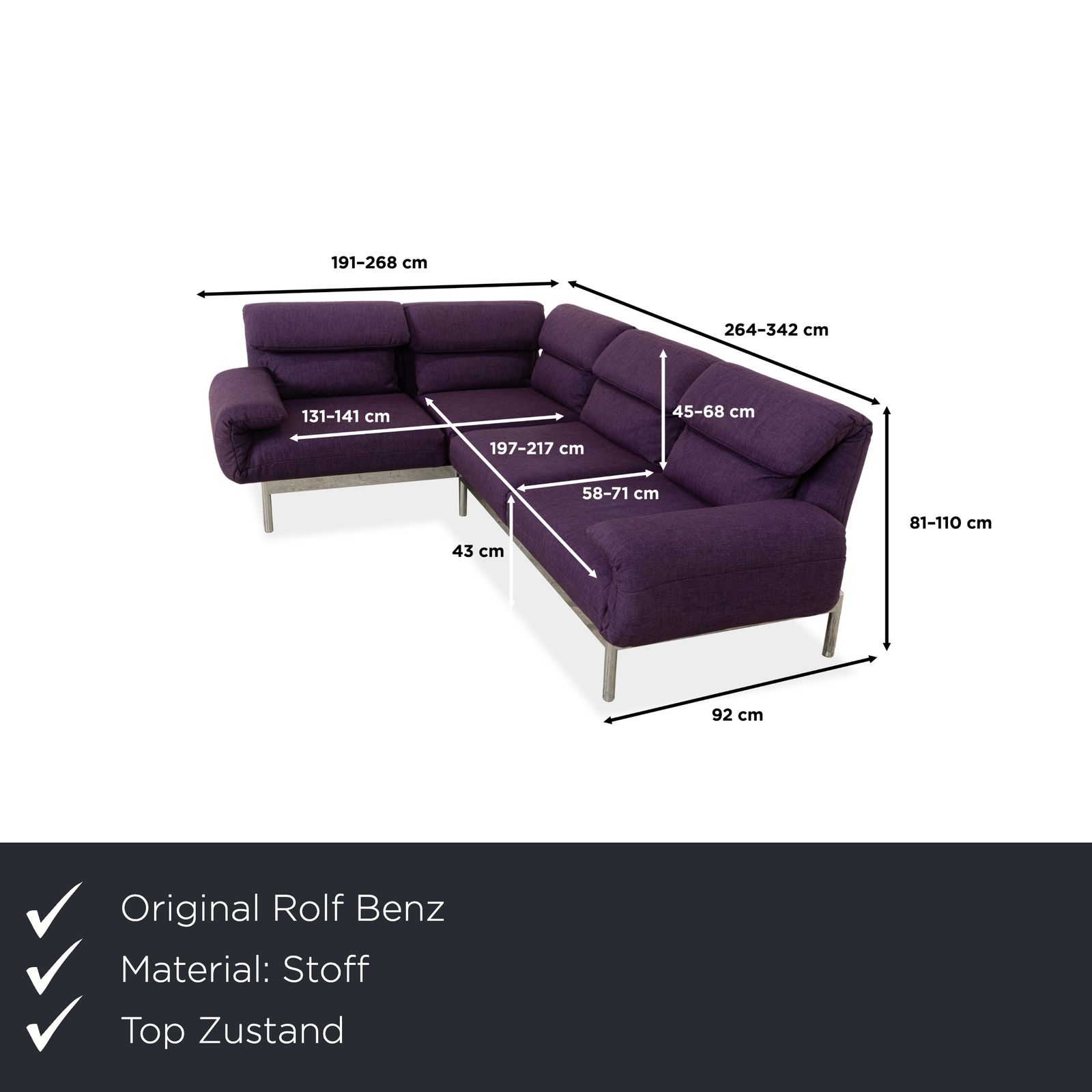 Canapé d'angle Rolf Benz Plura en tissu violet, fonction manuelle photo furniture